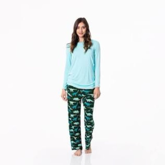 Kickee Pants Santa Dinos Women’s Loosey Goosey Teal Green Holiday Pajama Set - Picture 1 of 6
